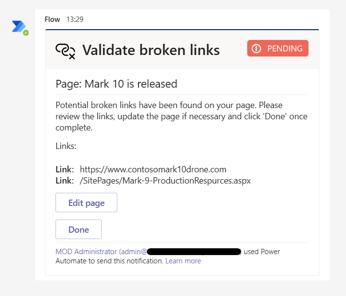 Screenshot of broken links adaptive card.